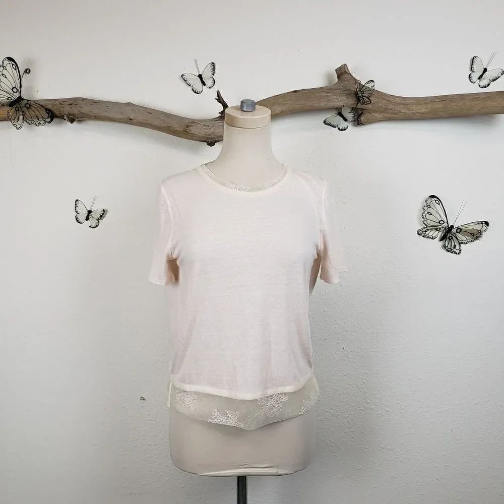 Maje pale pink linen blend and lace top